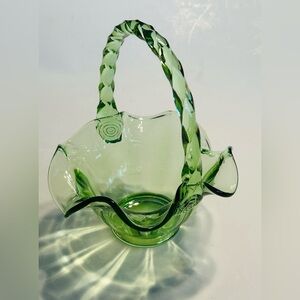 Fenton Glass Basket Colonial Green Ruffled Rim 8” Twisted Handle Signed Vintage